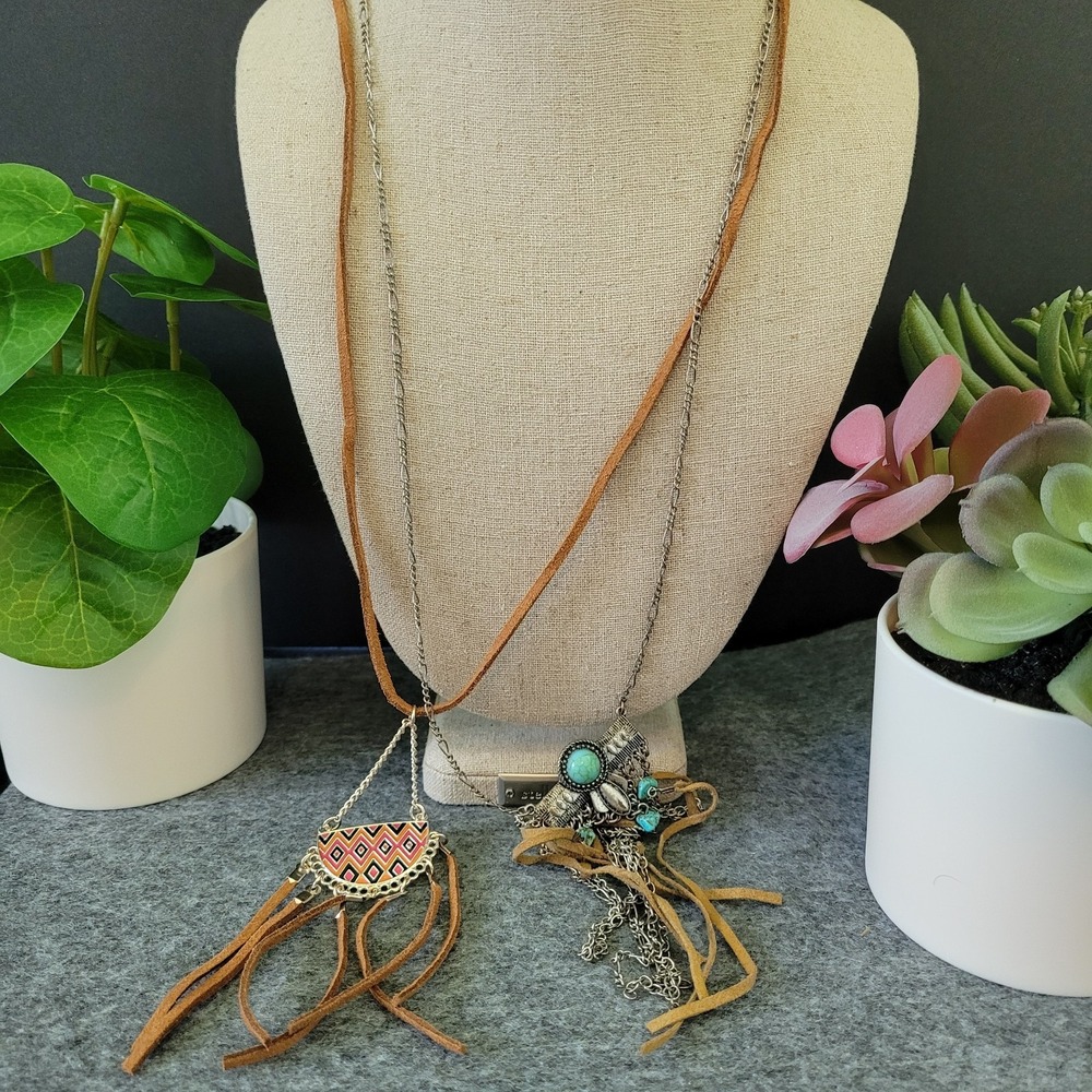Boho Southwestern Fringe Necklace Lot of 2 Turquoise Color Suede Chain 20"